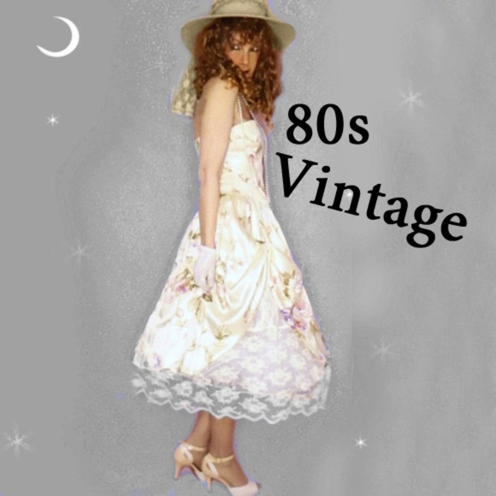 80s Strapless Satin Full Skirt Formal Midi Dress